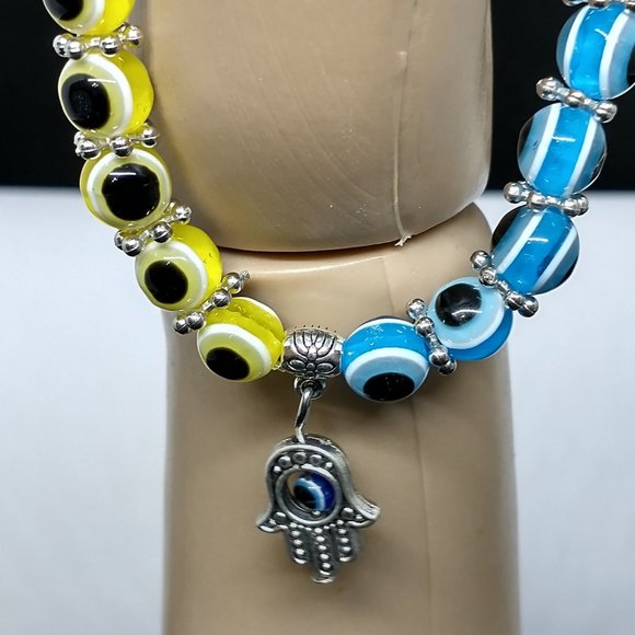 Bracelet / Evil Eye Beads with Hand Charm Beautiful Yellow AND Blue beads - Picture 5 of 7